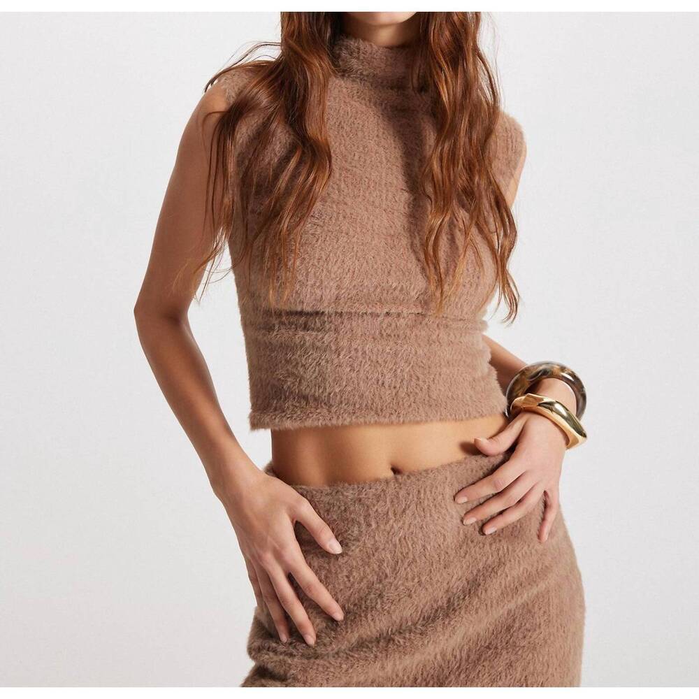 NEW THEO THE LABEL carme plush lace sleeveless mockneck top in cappuccino